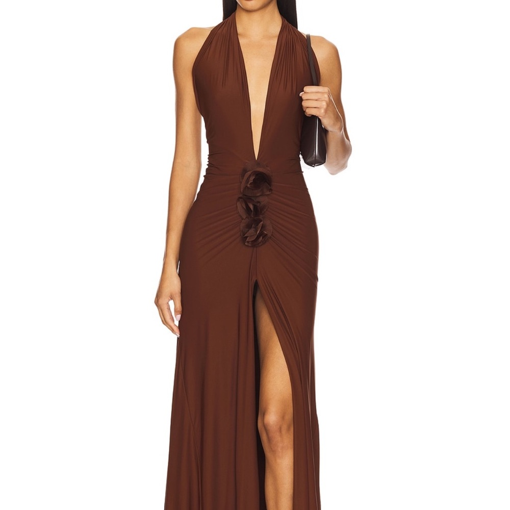 Brown Halter Plunge Maxi Dress with Rosette Waist and Front Slit